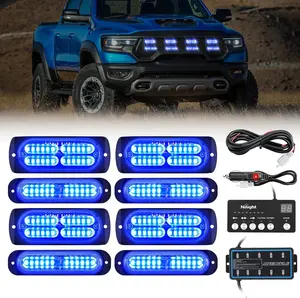 Nilight 8PCS Led Strobe Lights with Controller 12V 24V Sync Feature Blue Strobe Light 12 24 LED Surface Mount Hazard Warning Lights with Strobe Controller for Vehicle Car Truck RV ATV