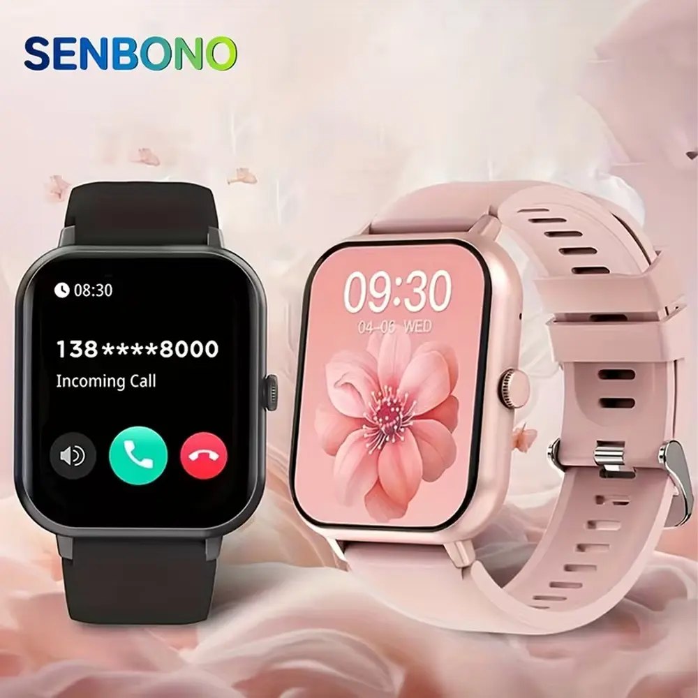 SENBONO Women's Silicone Smart Watch - 1.83in HD Durable Wearable Device, Call Answering/Dialing, IP68 Waterproof, 100+ Sports Modes, Sleep Tracking, Step Counting, Calorie Tracker, Bluetooth, iOS/Android Compatible, for Running