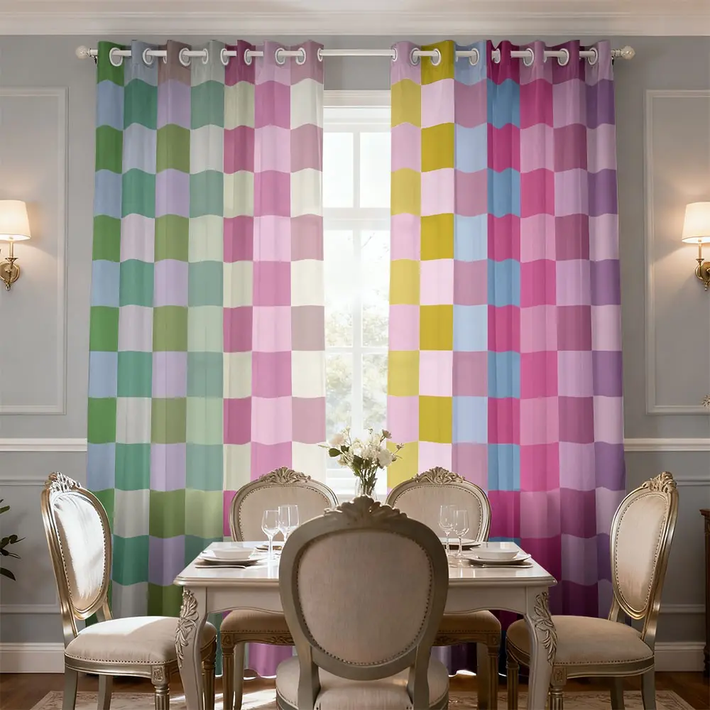 Colorful Checkerboard Pattern Print Filter Window Curtain, Semi Shading Curtain, Semi-Transparent Sunshade Window Drapes for Teenagers, Girls & Boys Bedroom Living Room Dining, Privacy Protection, 2 Panels