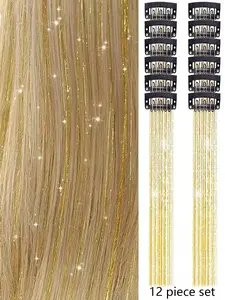 12Pcs Hair Tinsel Clip In 20Inch Fashion Glitter Tinsel Synthetic Straight Hair Extensions Clip In Hair Tinsel Kit Heat Resistant Shiny Sparkle Fairy Hair Accessories For Women （Gold）
