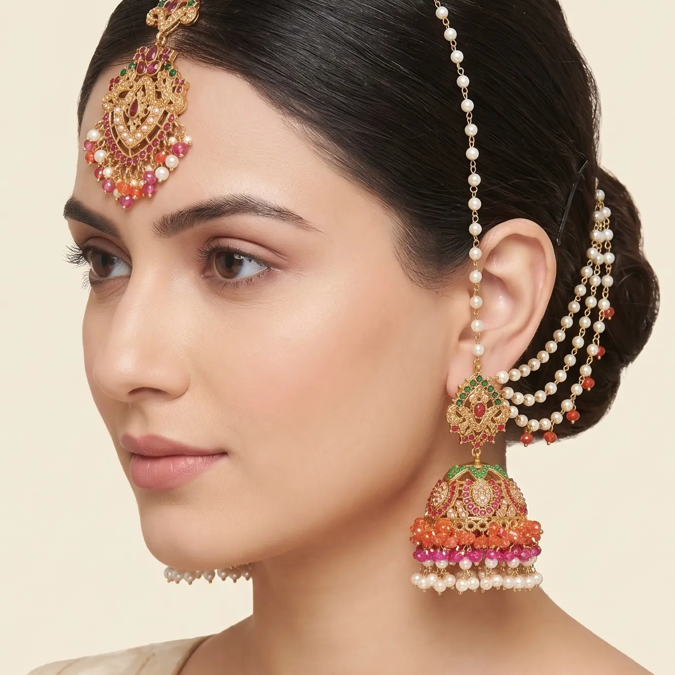 Nauratan Jhumka with Double Sahara and Maang Tikka – Bridal Favorite - Perfect for Shadi Season