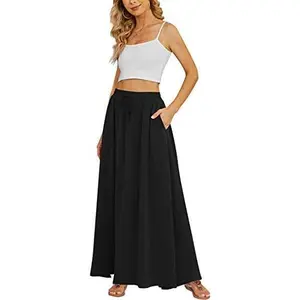 Women's Flowy Maxi Skirt Summer Pleated High Waisted Casual Long Skirts with Pockets