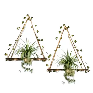 RICHER HOUSE Artificial Ivy LED-Strip Wall Hanging Shelves Set of 2, Macrame Shelf for Bedroom Bathroom Living Room Kitchen, Wood Hanging Plant Shelves for Wall Décor