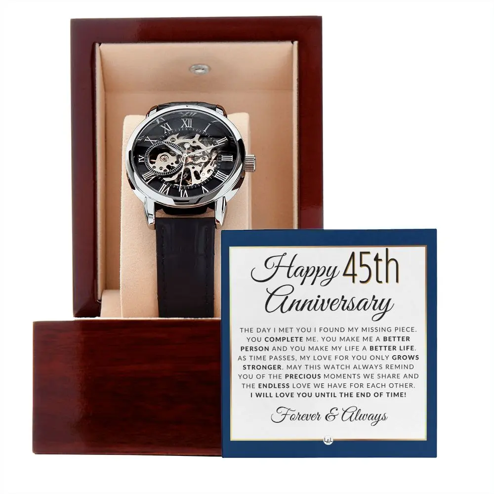 Men's Round Openwork Skeleton Automatic Mechanical Watch with Leather Band, Mineral Glass, LED Watch Box - 45th Anniversary Gift for Husband, Waterproof, Backlit