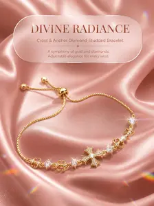 Women's Divine Radiance Gold Cross & Anchor Adjustable Cubic Zirconia Sliding Bracelet - Everyday Luxury Statement Costume Jewelry