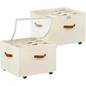 Shoe Organizer for Closet, 2 Pack Stackable Foldable Shoe Storage Box with Wheels Adjustable Dividers Clear Cover, Fits up to 16-32 Pairs, Beige