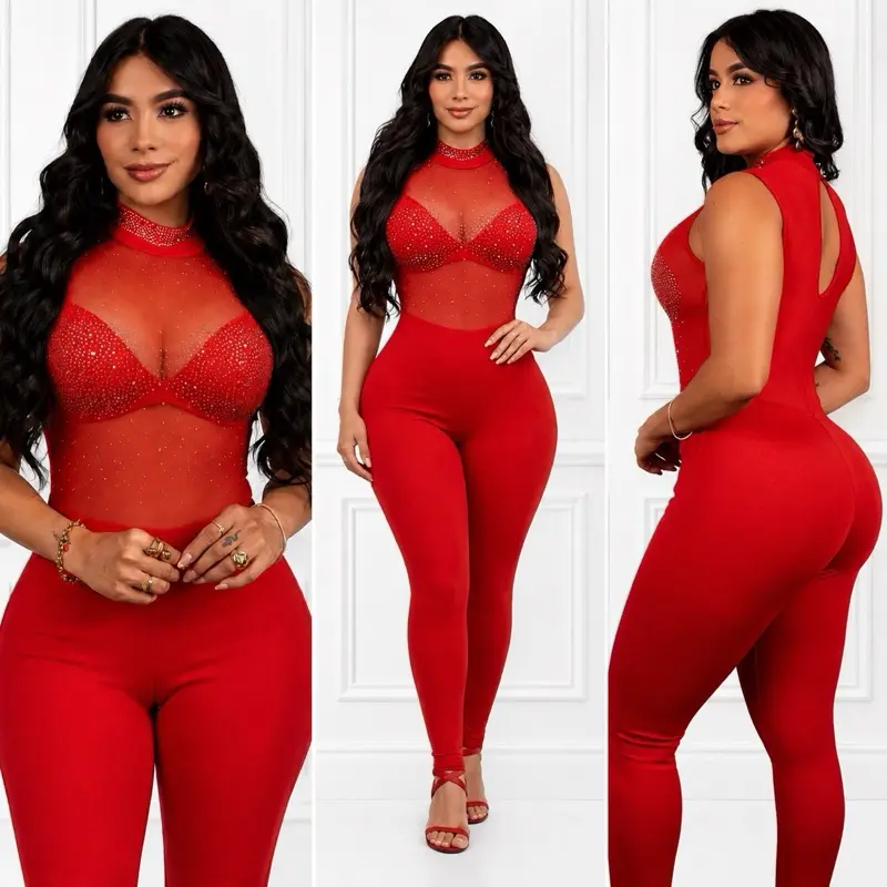 Colombian Rhinestone Jumpsuit Set – Stretch Bodycon One Size