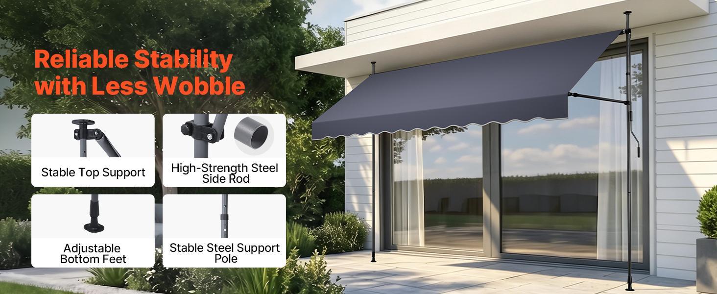 VEVOR Manual Retractable Awning, 138" Outdoor Retractable Patio Awning Sunshade Shelter, Height Adjustable Patio Door Window Canopy with Manual Crank Handle for Backyard, Garden, Balcony, Dark Gray