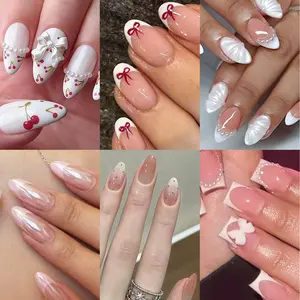 Press-On Nails Variety Set 144 PCS | Medium Almond & Squoval 6 Designs: Red Ribbons, Glazed Pearl, 3D Bows | 12 Sizes | with Glue & Tabs | Ashowner