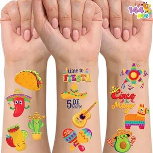 144 PCS Cinco De Mayo Temporary Tattoo Set for Mexican Themed Party, Fiesta Party Fake Tattoos Stickers Sombrero Hats, Taco Design, Face Body Tattoo Decorations