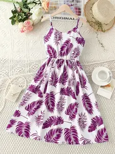 Girls Summer Leaf Print Sleeveless Dress, Casual Elastic Polyester Blend, Shoulder Cut Out, Knee-Length, Perfect for Parties and Beaches