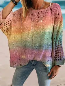 Women's Multicolor Gradient Colorblock Long Sleeve Knit Top, Casual Elegant Chic Vacation Style Sweater, Loose Batwing Shoulders, Short, Spring Fall Clothing