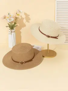 Women's Fashion Summer British Flat Straw Hat with Leather Buckle, Beach Vacation Wear, Daily Sun Protection, Casual Style, Adjustable Sunscreen Hat