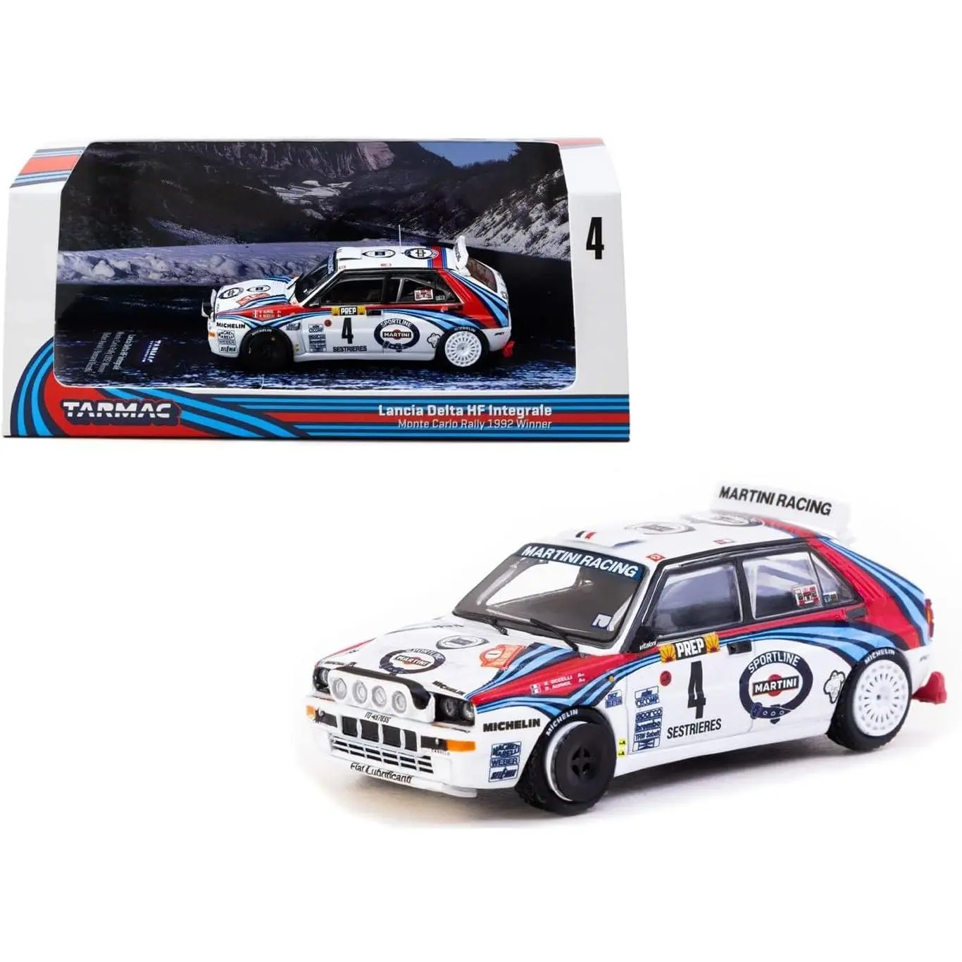 Tarmac Works 1:64 Lancia Delta HF Integrale Plastic Diecast Model Car - 1992 Monte Carlo Rally Winner (Didier Auriol-Bernard Occelli), Real Rubber Tires, Detailed Exterior, Collectibles for Adults & Model Car Collectors, T64-049-92MCR04, Diecast Model Car