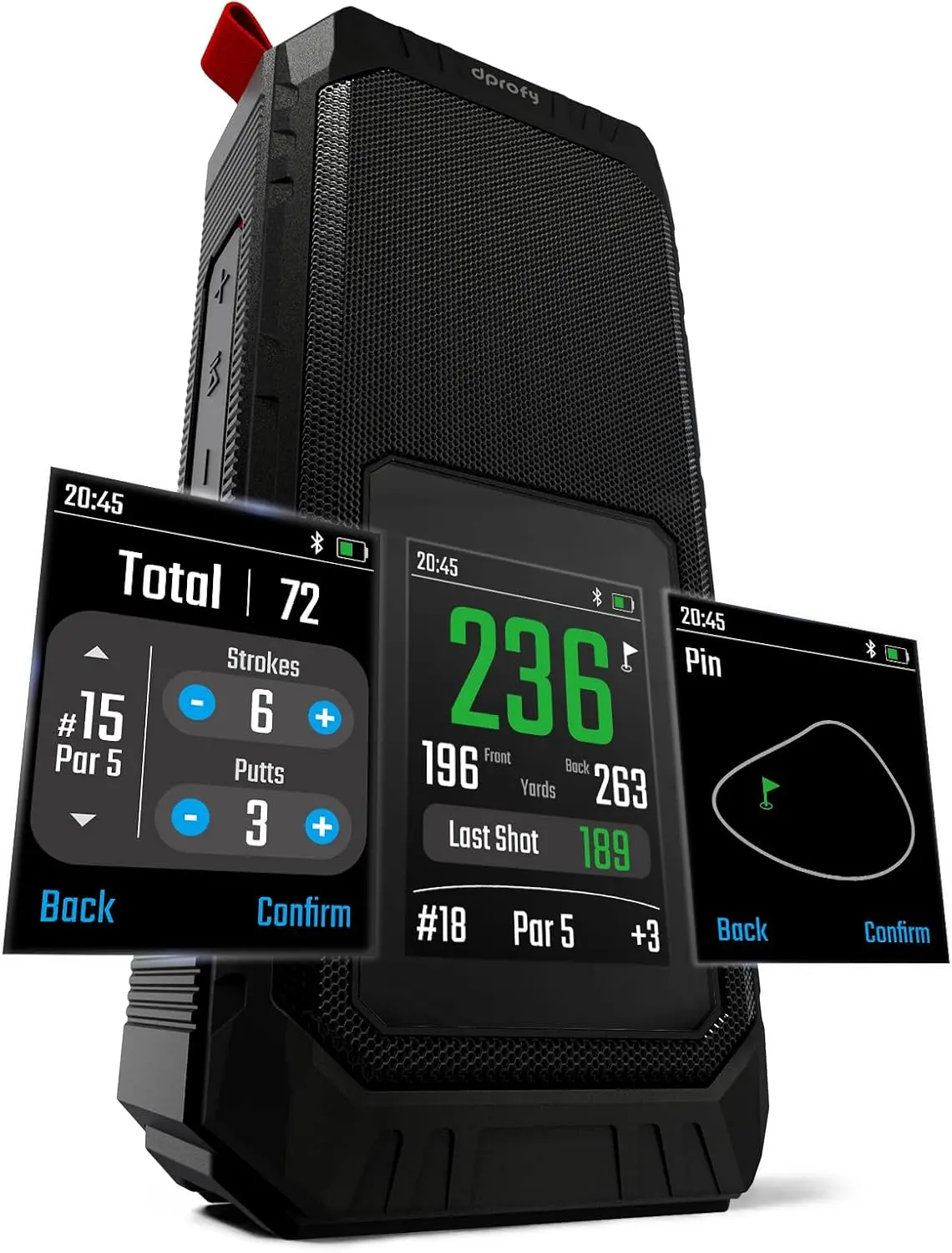 Magnetic Golf GPS Speaker Work with Dprofy App, 2.8" Touchscreen Display, Visual & Audible Distances, IPX6 Waterproof, 15+ Hour Battery, Adjustable Screen Color, Hazard Detection
