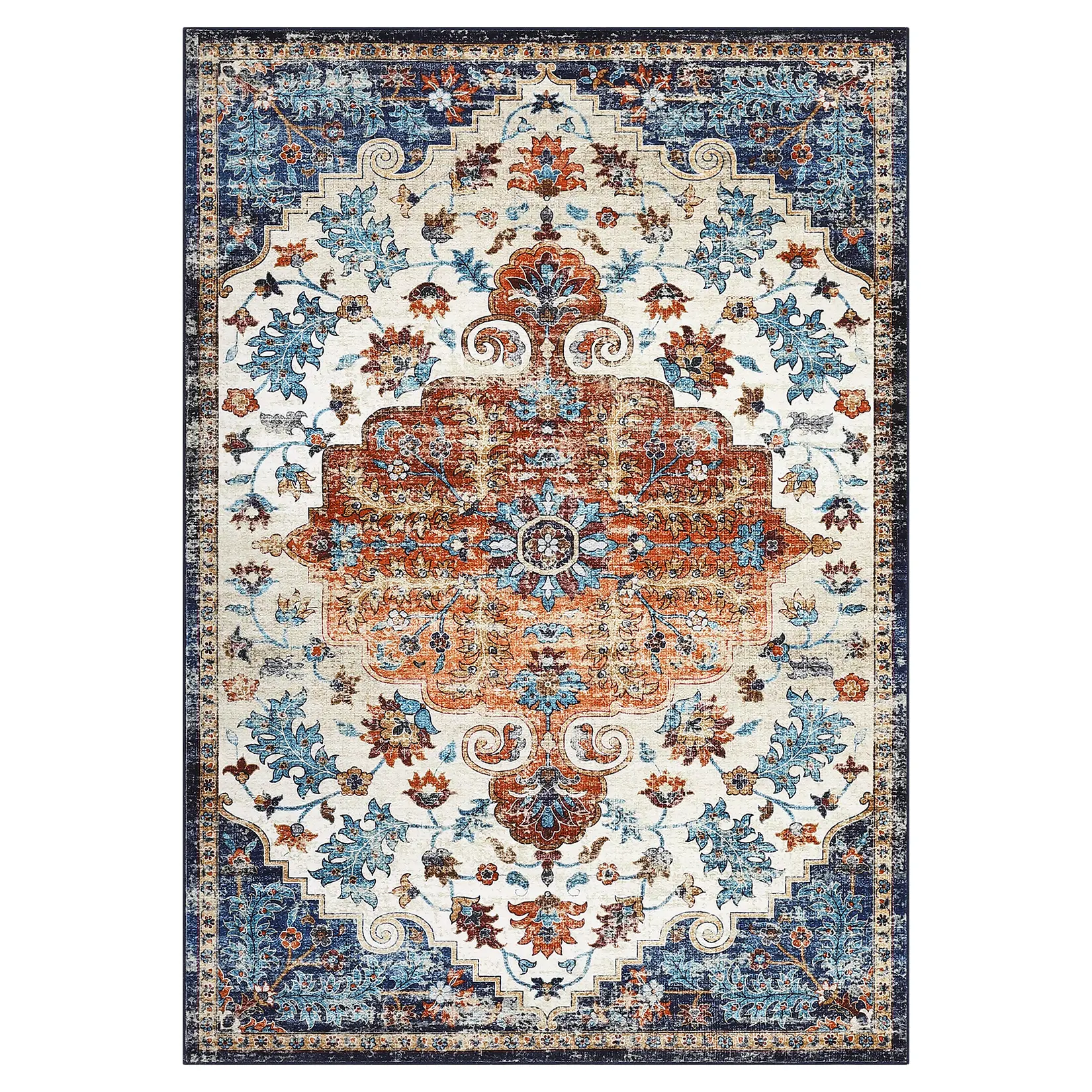 10x13 ft Polyester Imitation Cashmere Orange Rectangular Floral Print Persian-Inspired Ethnic Durable Area Rug, Foldable Washable Multi-Use for Hallway, Bathroom Entryway, Durable Area Rugs, Ethnic Area Rugs