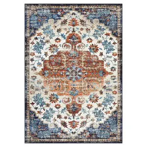 8x10 ft Rectangular Orange Imitation Cashmere Polyester Area Rug, Foldable, Floral Print, Washable for Hallway, Bathroom Entryway