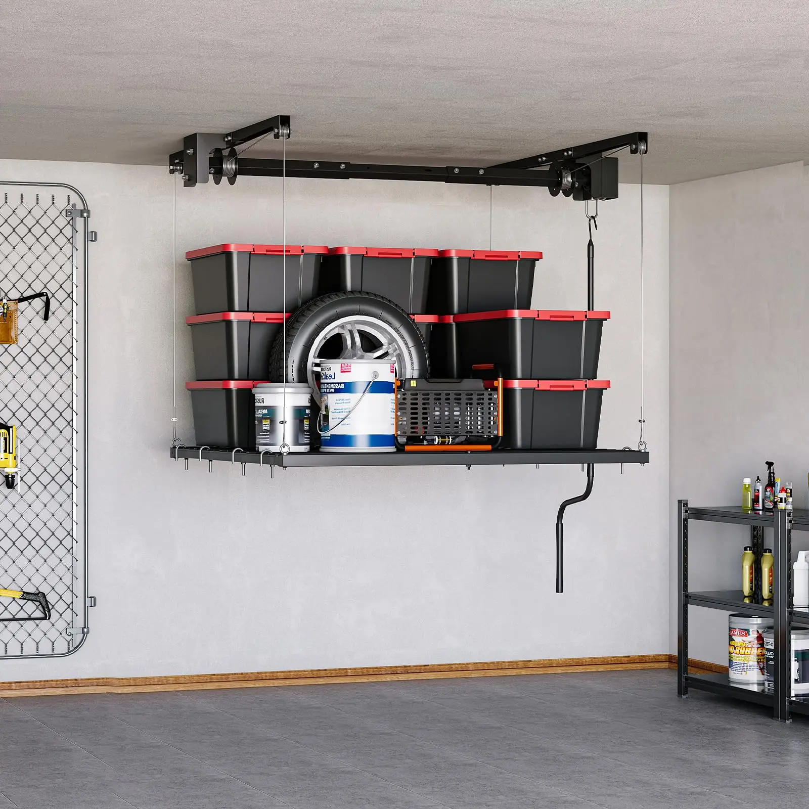 4x4 ft Overhead Garage Storage Rack, Adjustable Heavy-duty Ceiling Mounted Garage Storage Rack with Safety Lock for Garage and Attic , 250 lb/300lb Capacity