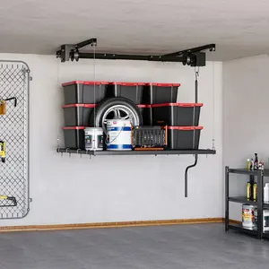 4x4 ft Overhead Garage Storage Rack, Adjustable Heavy-duty Ceiling Mounted Garage Storage Rack with Safety Lock for Garage and Attic , 250 lb/300lb Capacity