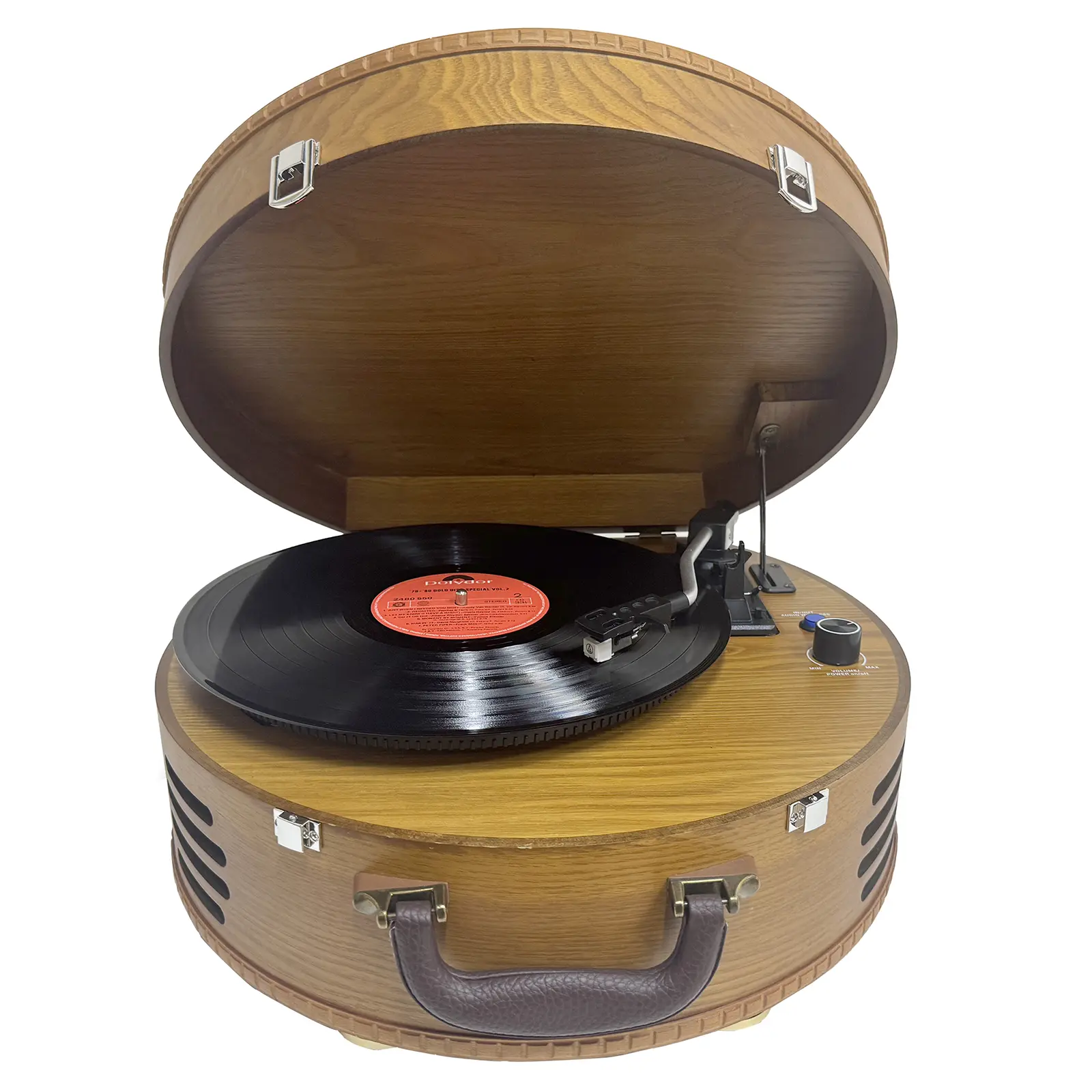 Vintage Wooden Brown Belt-Drive Turntable - 3-Speed (33/45/78 RPM) Record Player with Built-In Speakers, Wireless In/Out Audio, Preamp, RCA Line Out, Black Vinyl Compatibility, Holiday Gift Option