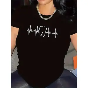 T-Shirt With Heartbeat Tooth Design |   Lightweight Durable Fabric, Comfortable Fit For Daily Use In Clinic Or Home Settings, Crew Neck, Medium Stretch