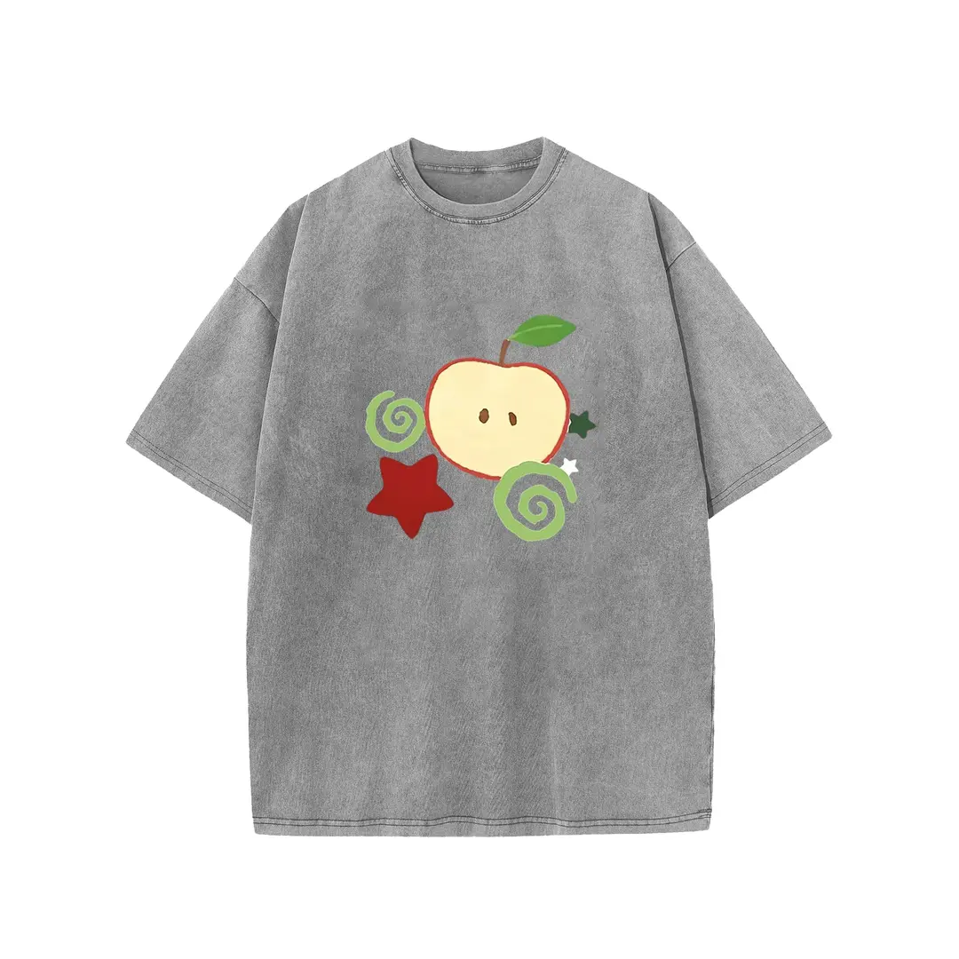 Women's and men's Washed T-Shirt with Apple Graphic Drop Shoulder Design for Retro Street Fashion Unisex Loose Hip Hop Style Washed Print Tee Summer Casual Gift