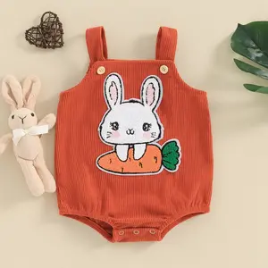 Imcute Infant Baby Girl Boy Easter Romper Sleeveless Embroidery Bunny Carrot Bodysuit Overalls Easter Clothes for Girls Boys