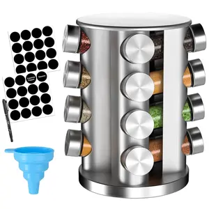 Rotating Spice Rack with 16 Seasoning Jars, Revolving Spice Organizer Stainless Steel for Countertop/Kitchen Storage, with Reusable Labels, Funnel and Pen Set CshidWorld