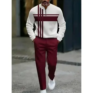 2-piece set, New European and American men's long sleeved zipper small stand up collar fashionable sportswear set, long sleeved sportswear and drawstring pants casual set, suitable for any holiday gift（gift）