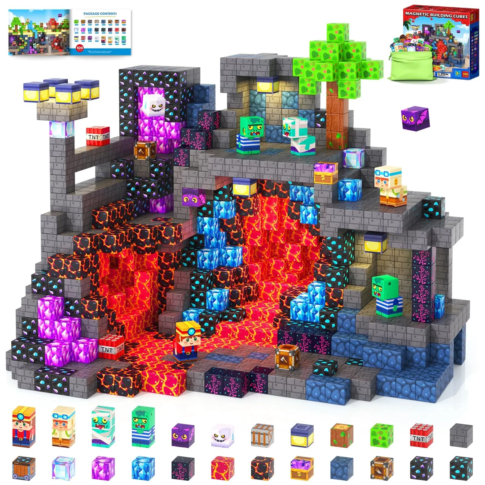 100PCS Magnetic Building Blocks Toy Set - Sturdy Magnetic Cubes, DIY Block, Drawstring Bag Included, STEM Montessori Christmas Gift for Kids for Craft Ideas & Open Ended Play, Magnetic Building Cubes, Diy Building Block