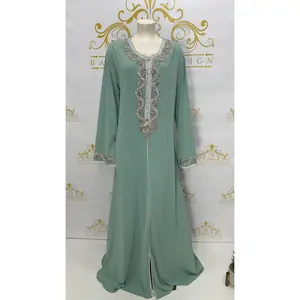 Kaftan Abaya Dress Embellished Silver Rhinestone Light Green