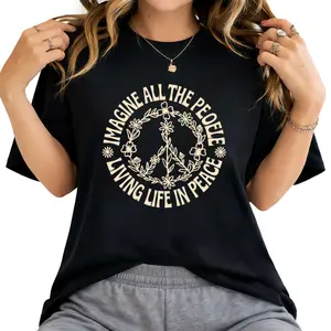 Retro Peace Flower Imagine All The People Boho Hippie 70s T-Shirt