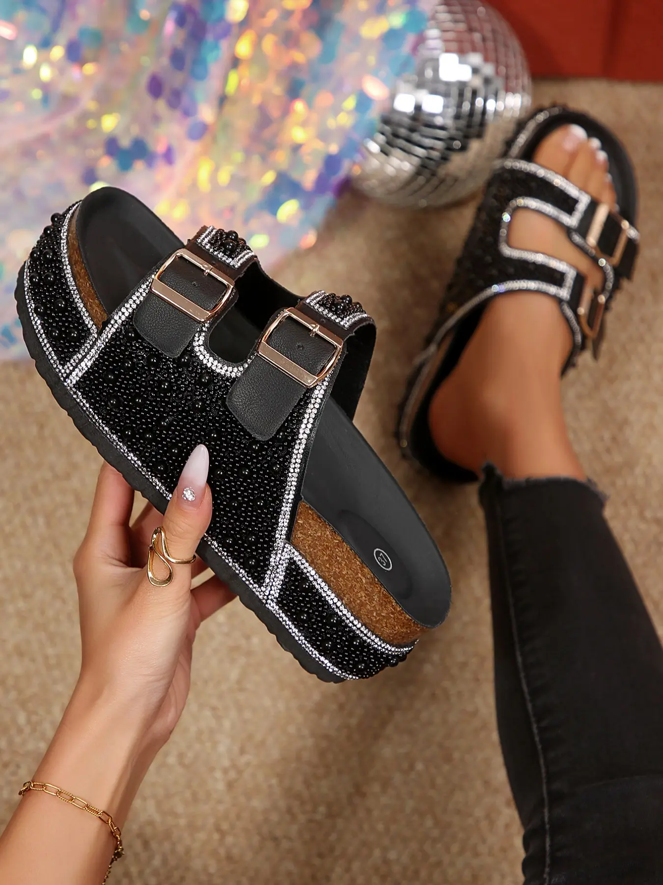 New Pearl Slippers for Women, Summer Thick Sole Heeled Sandals, Versatile Plain Design, Fashionable PU Leather, Rubber Sole