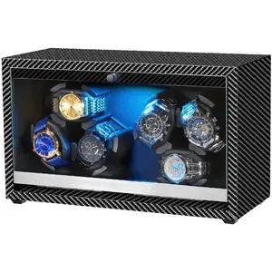 Watch Winder 6 with LED and Super Quiet  4 Rotating Modes, Wooden Watch Storage Case Watch Shaker with USB   (Black Carbon Fiber)