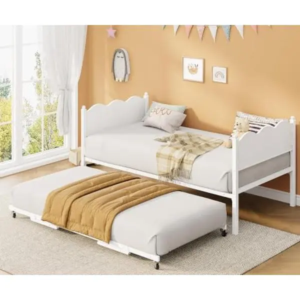 GARVEE Twin Daybed with Trundle - Modern Indoor Furniture Set with Headboard, Casters, Steel Slats, Wood Grain for Modern Home Decor, White