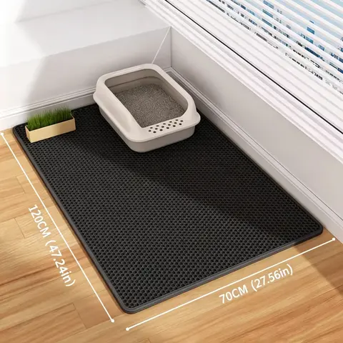 Large double-layer cat litter mat, 47" × 33", with perforated mesh design, EVA material, non-slip and waterproof, suitable for cat litter boxes, autumn/winter model, colors: black, dark gray, khaki
