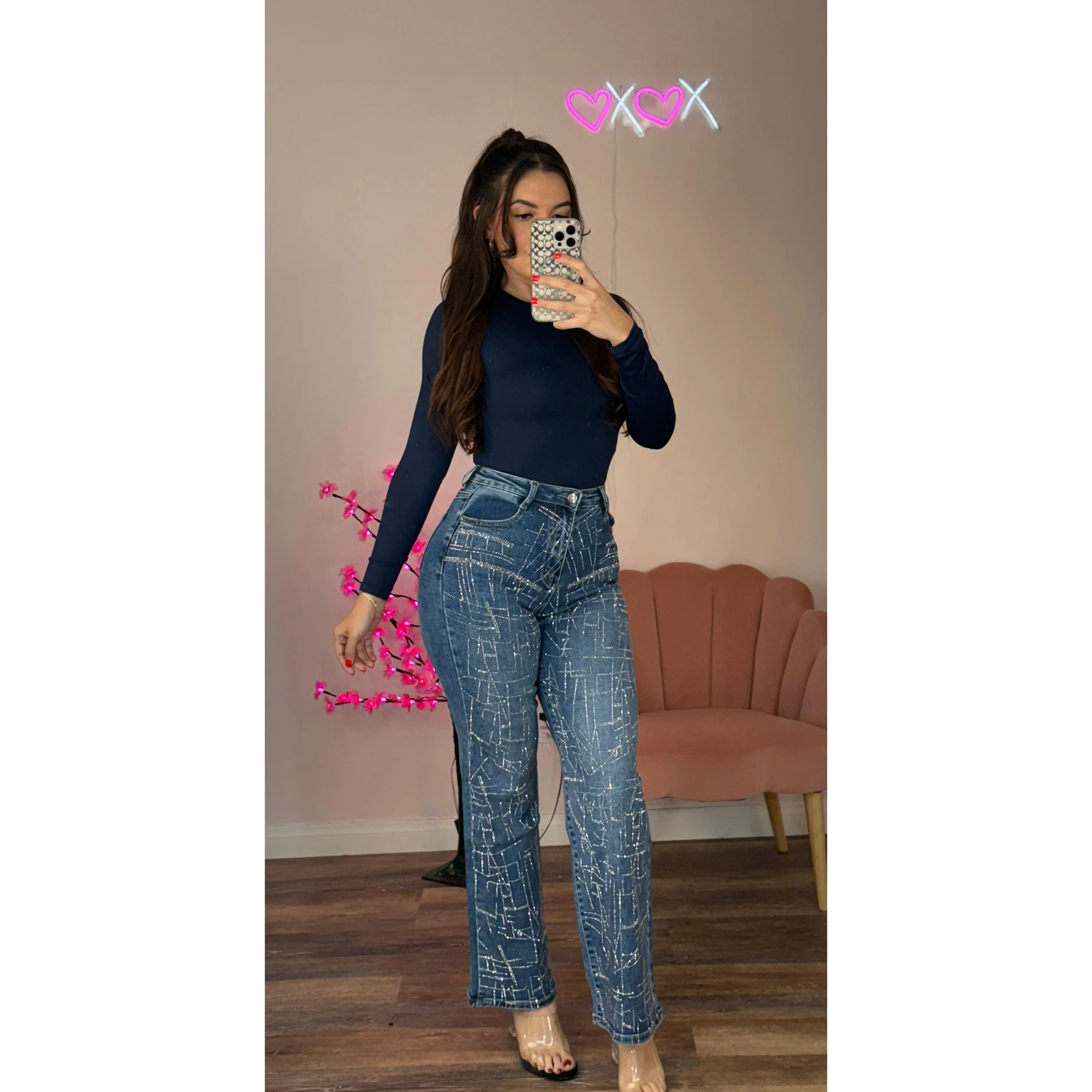Cute Rhinestone Blue Jeans hem straight jean