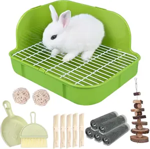 Rabbit Litter Box Toilet, Plastic Square Cage Box Potty Trainer Corner Litter Bedding Box Pet Pan for Small Animals, Rabbits, Guinea Pigs, Chinchilla, Ferret, Galesaur, 11.4 Inches (Green)