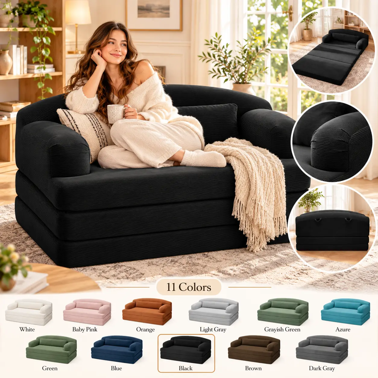 Foldable Corduroy Loveseat Sleeper Sofa Bed, Convertible High-Density Foam Couch for Small Spaces