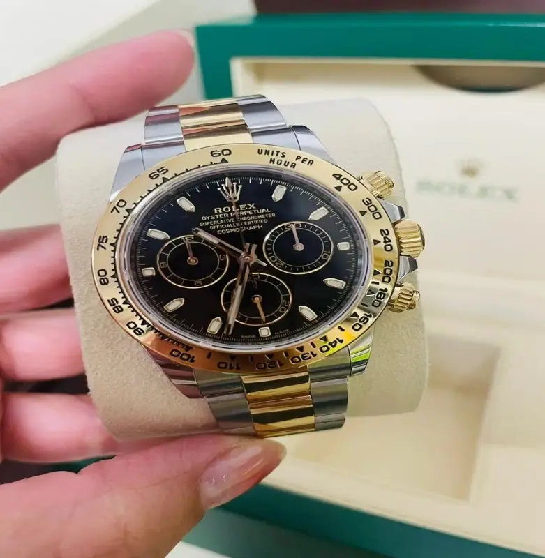 ‮ acilpeR1:1 xeloR  ‬Cosmograph Daytona 40mm Two‑Tone Gold Steel Oyster Bracelet Black Chronograph Dial Automatic Men Watch