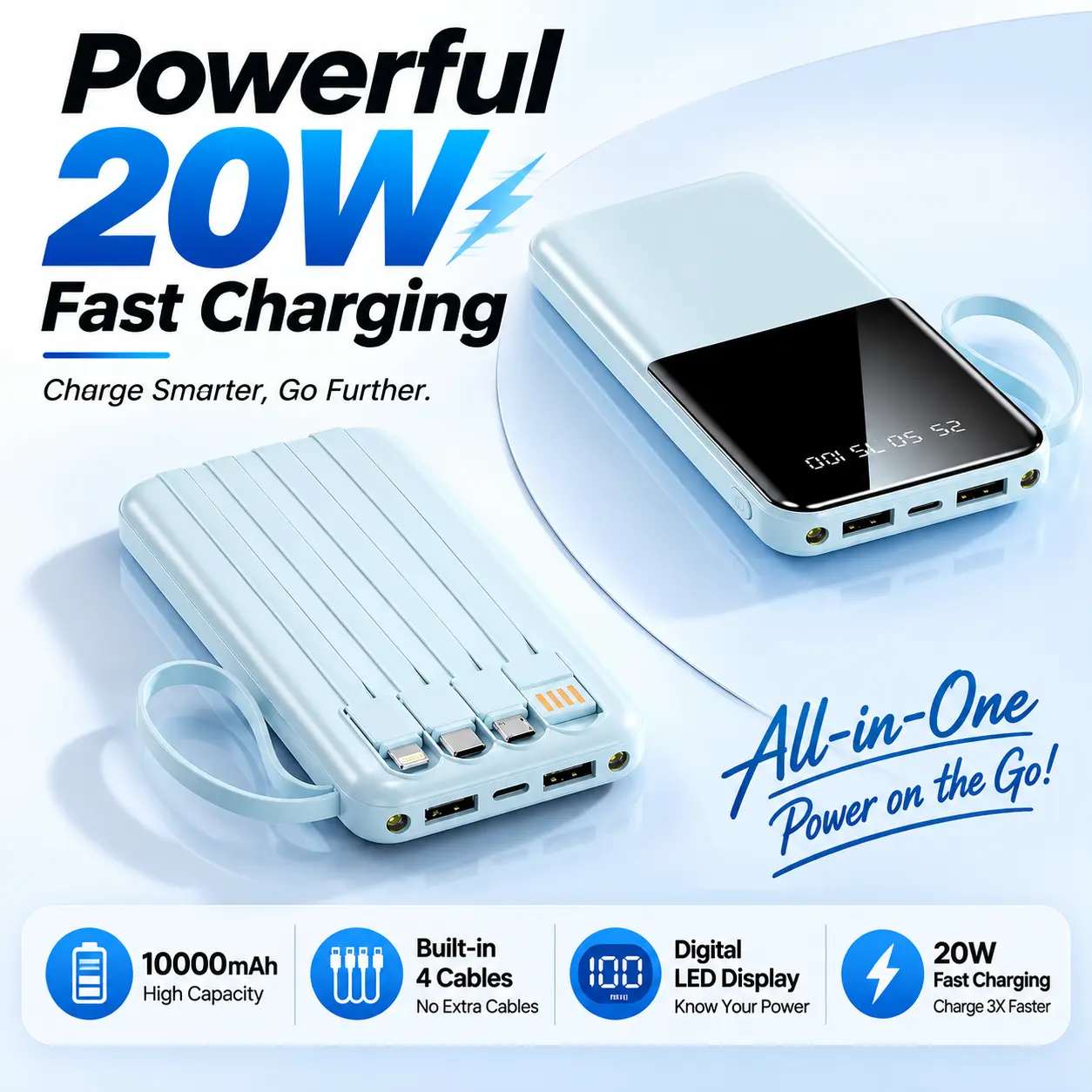 10000mAh Portable Power Bank, 20W Fast Charging with Built-in Cables for Smartphones, Tablets & USB-C Devices – Travel-Friendly Rechargeable Battery Pack DealsForYouDays