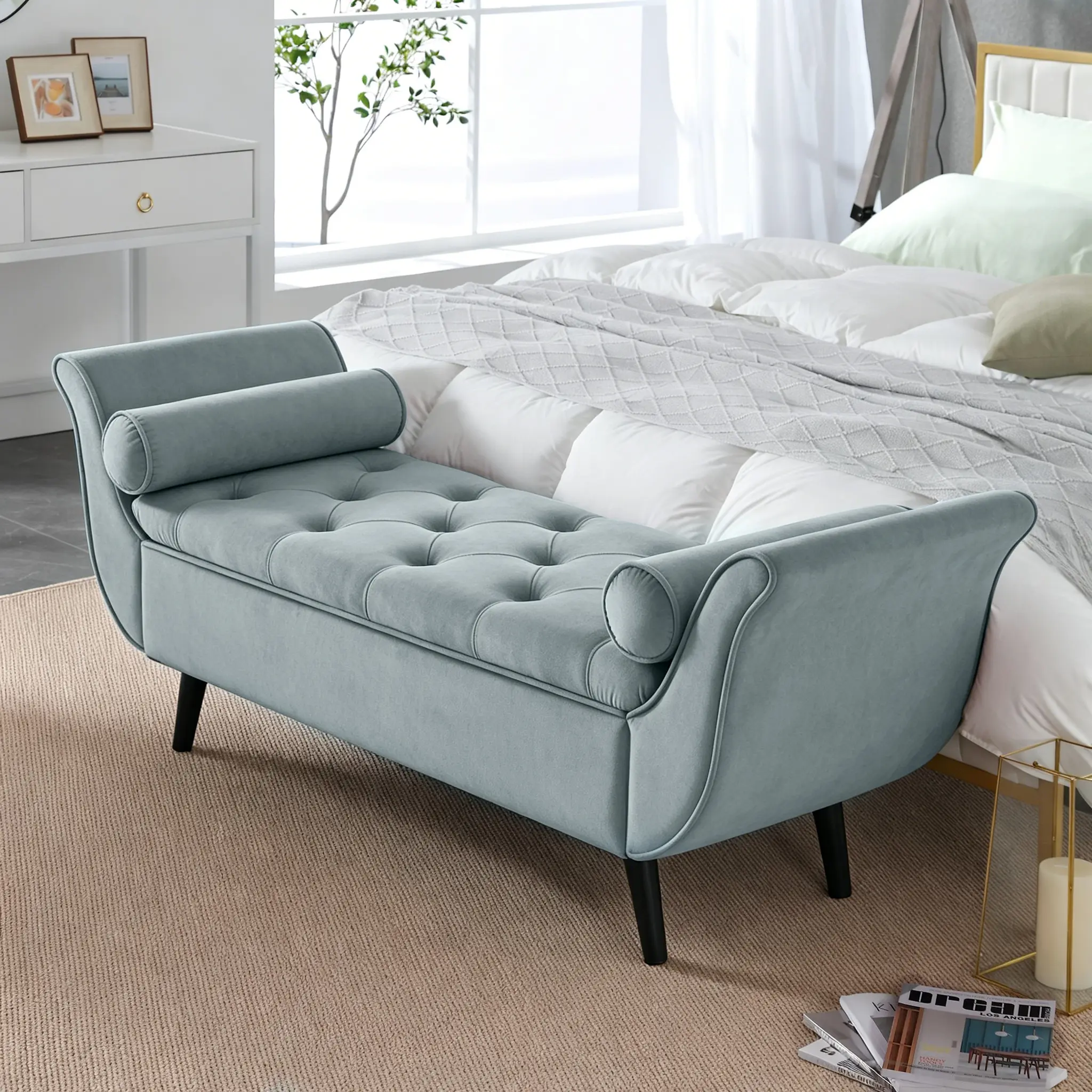 SZLIZCCC Velvet Storage Ottoman, 65" Long King Rolled Arm Bedroom End of Bed Bench, Bedroom Bench with Storage,Bedroom,Entryway, Living Room