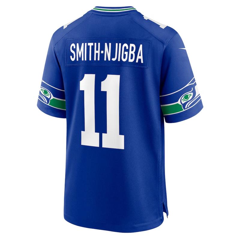 Men's Smith-Njigba Royal Throwback Player Game Jersey Full Logo New 2025 America Football Jersey for Fans Team Outfits Gift for Him Lightweight Soft Polyester Mesh Fabric