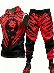 [New] Men's Fashion Street Style Suit - Sleeveless Hoodie and Jogging Pants with Lion, Tiger and Stripe Patterns. Casual Sportswear, Men's Party Wear, Holiday Gifts and Casual Clothing - Perfect for Boyfriend or Dad summer fitness outfit set
