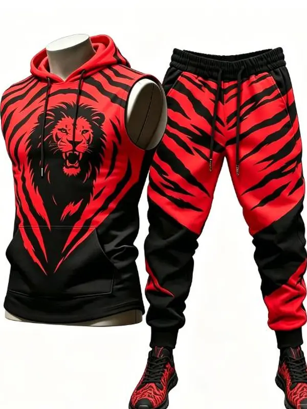 [New] Men's Fashion Street Style Suit - Sleeveless Hoodie and Jogging Pants with Lion, Tiger and Stripe Patterns. Casual Sportswear, Men's Party Wear, Holiday Gifts and Casual Clothing - Perfect for Boyfriend or Dad summer fitness outfit set