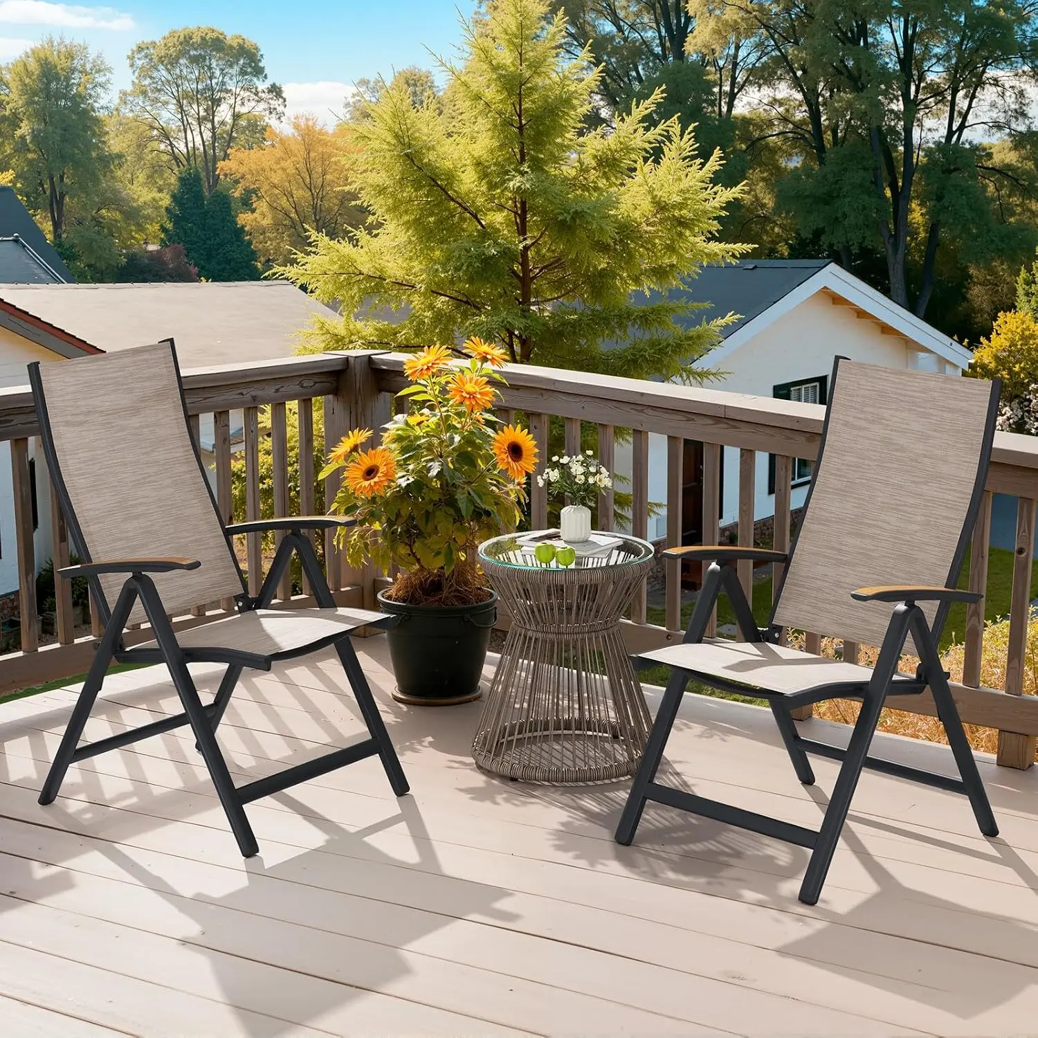 Crestlive Products Folding Patio Chairs Set of 2, Outdoor Recliner Chairs | 8-Level Adjustable Reclining Back with Teak Armrest Aluminium Frame for Porch, Backyard
