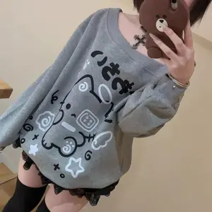 Japanese Women’s Off-Shoulder Long-Sleeve Cat Print T-Shirt, Y2K Fashion, Cute Design, 2025