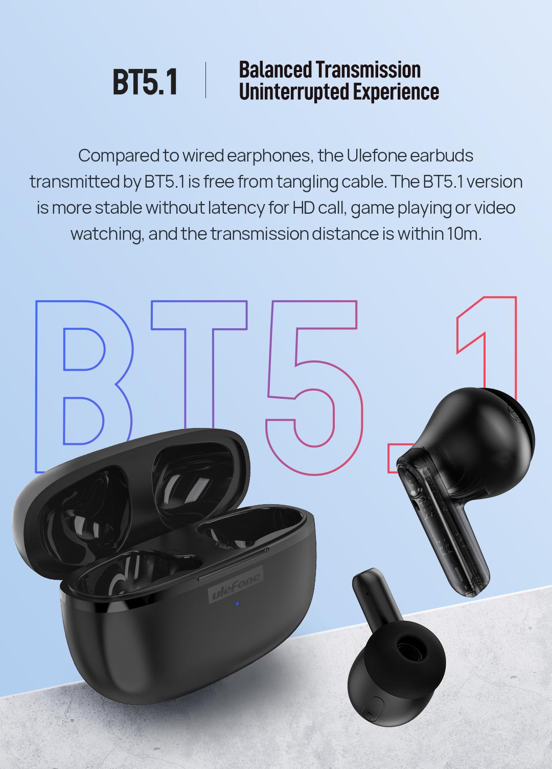 Ulefone Wireless Headphones Earbuds, in Ear Microphone, Bluetooth 5.1, Type-C Charging, Touch Control, LED Display, for iPhone/Android/iOS, Black&White