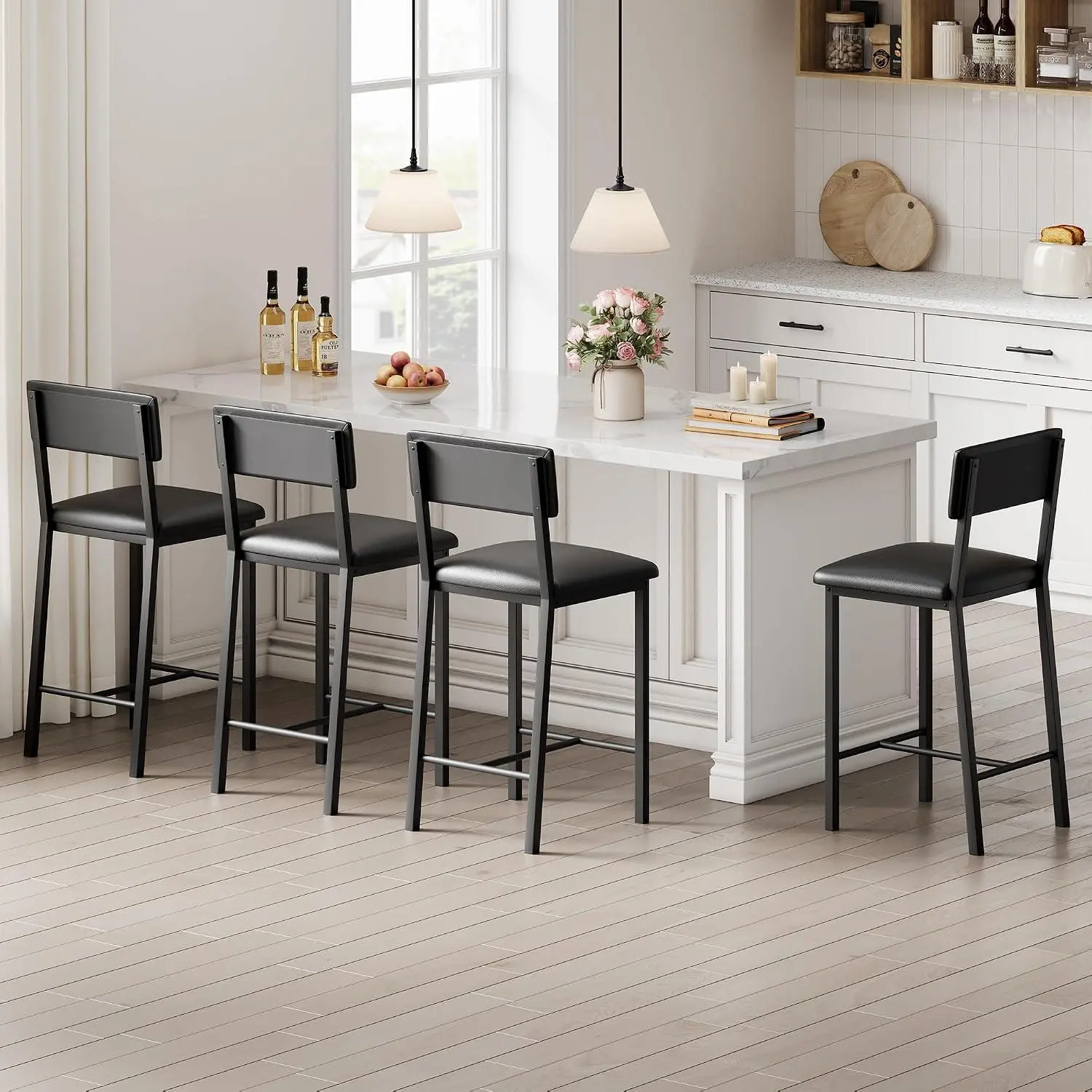 GARVEE 4-Piece Armless Modern Bar Stools Set, Faux Leather Padded Seat with Backrest & Footrest, Easy-to-Clean Metal Frame, Indoor Kitchen Island Furniture (Black)