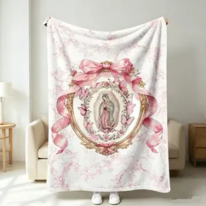 Virgin Mary Pink Bow Frame Flannel Blanket Super Soft, Warm and Comfortable Bed Sofa Travel Carpet Female Catholic Fans Girlfriend Ideal Gift Colorful Design Cute Sloth Pattern Blanket